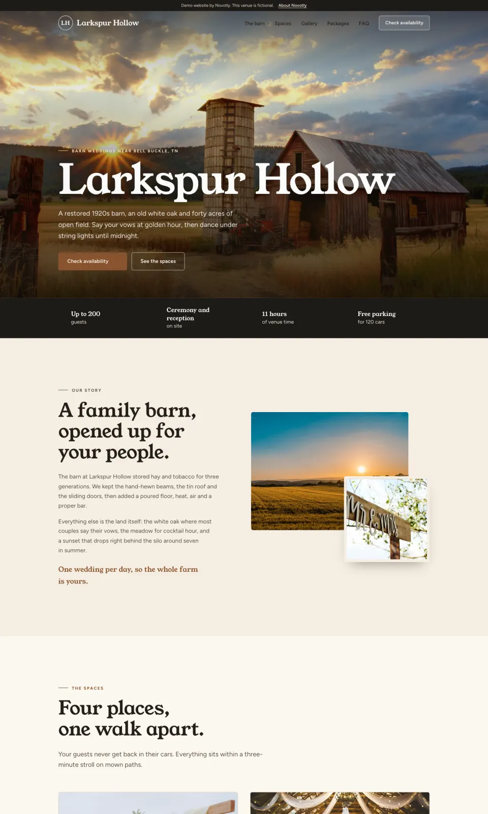 Demo website for a fictional barn venue, Larkspur Hollow, near Bell Buckle, Tennessee.